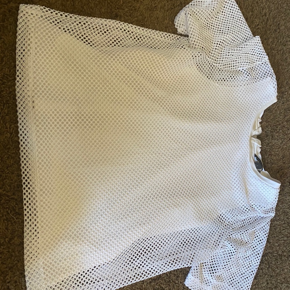 White fishnet T-shirt with white undershirt